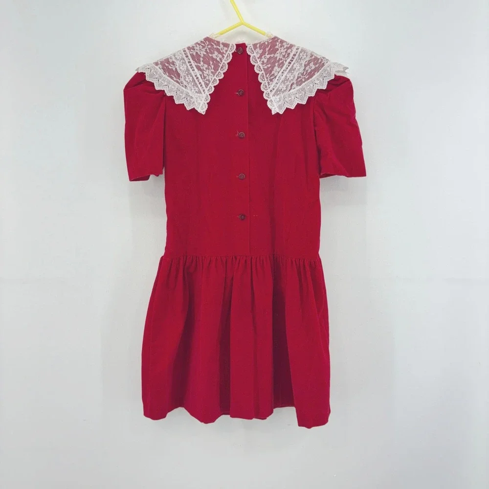 Vintage Picture Perfect Red Velvet Lace Collar Dress Girls Size 10 USA Holiday